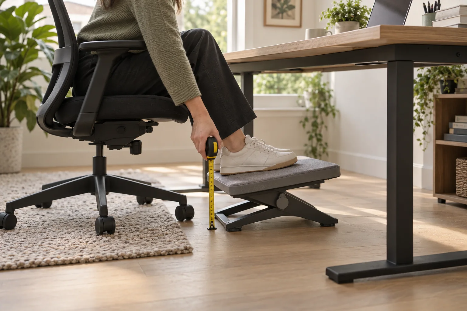A person measures the clearance and position of a footrest beneath a desk.