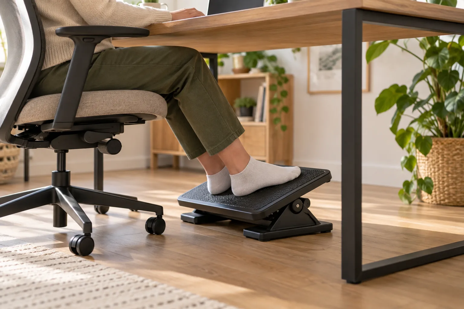 A low-profile adjustable footrest beneath a desk with a chair, neutral feet and clear knee space