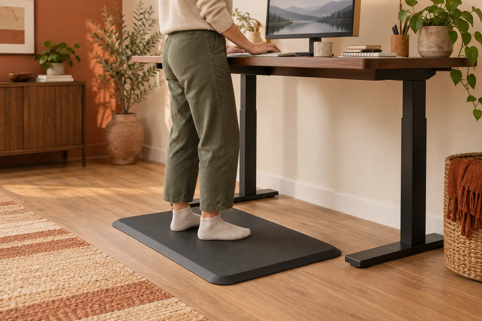 Person standing at a sit-stand desk with both feet on a low-profile beveled anti-fatigue mat