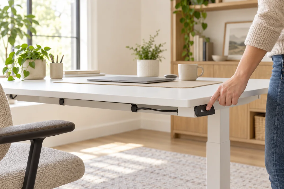 Standing desk viewed from below with a clear frame, visible handset and neatly routed cables.