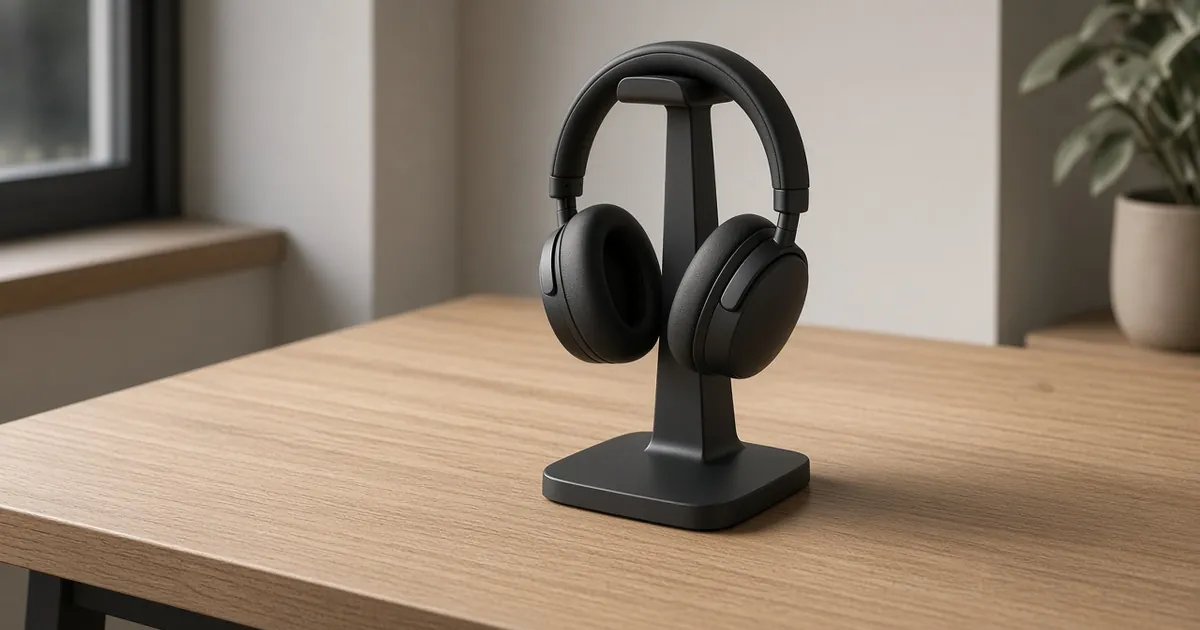 Over-ear headphones resting on a minimalist stand at a desk corner