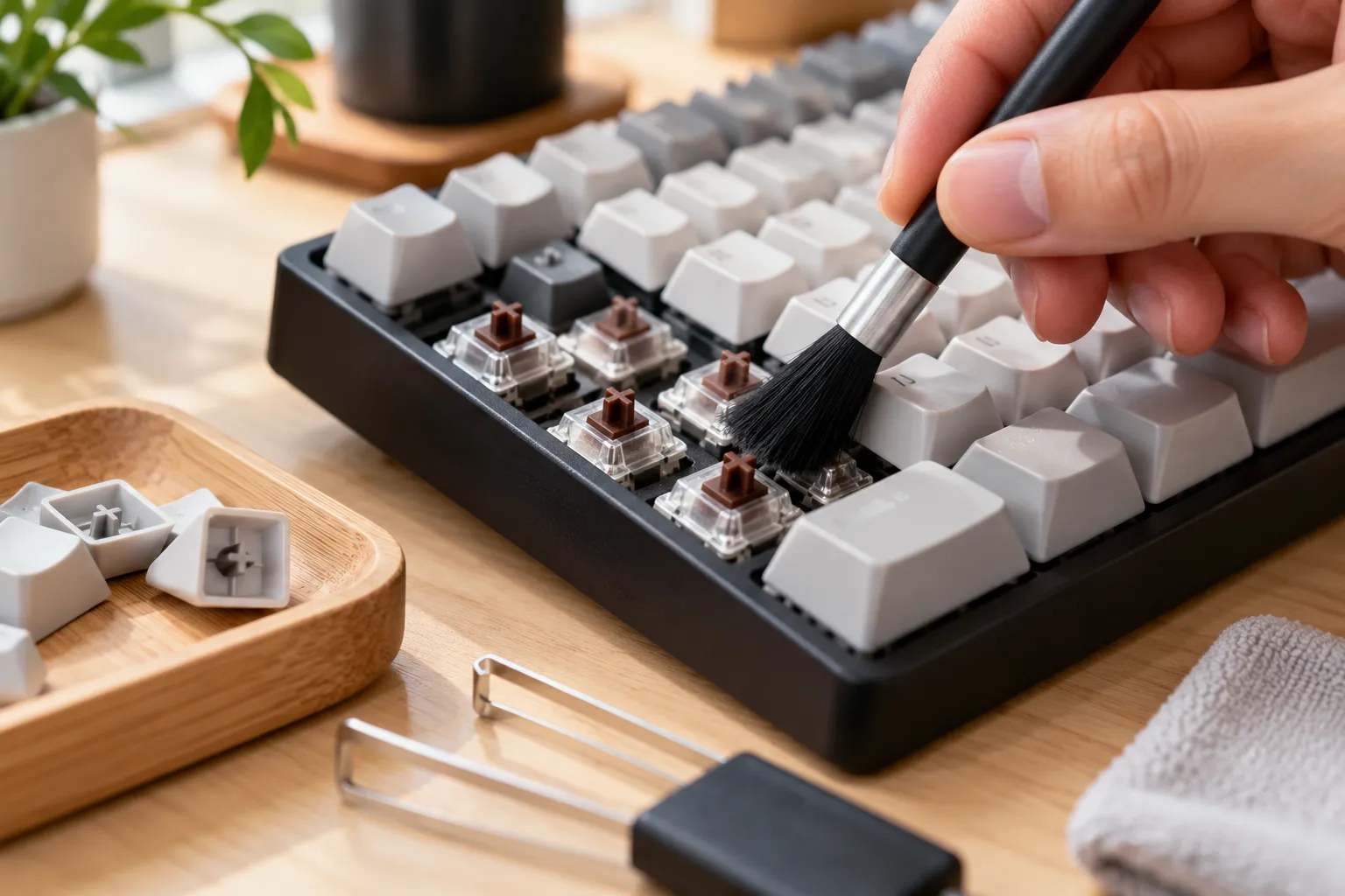 A soft brush removes dust from an exposed mechanical keyboard switch