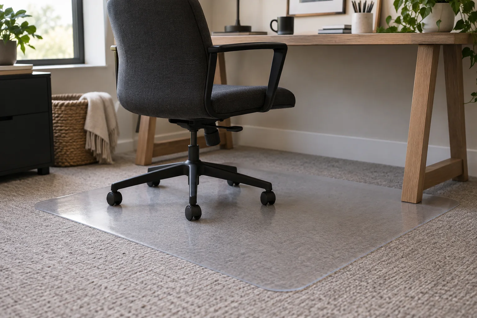 Clear chair mat beneath an office chair on low-pile carpet