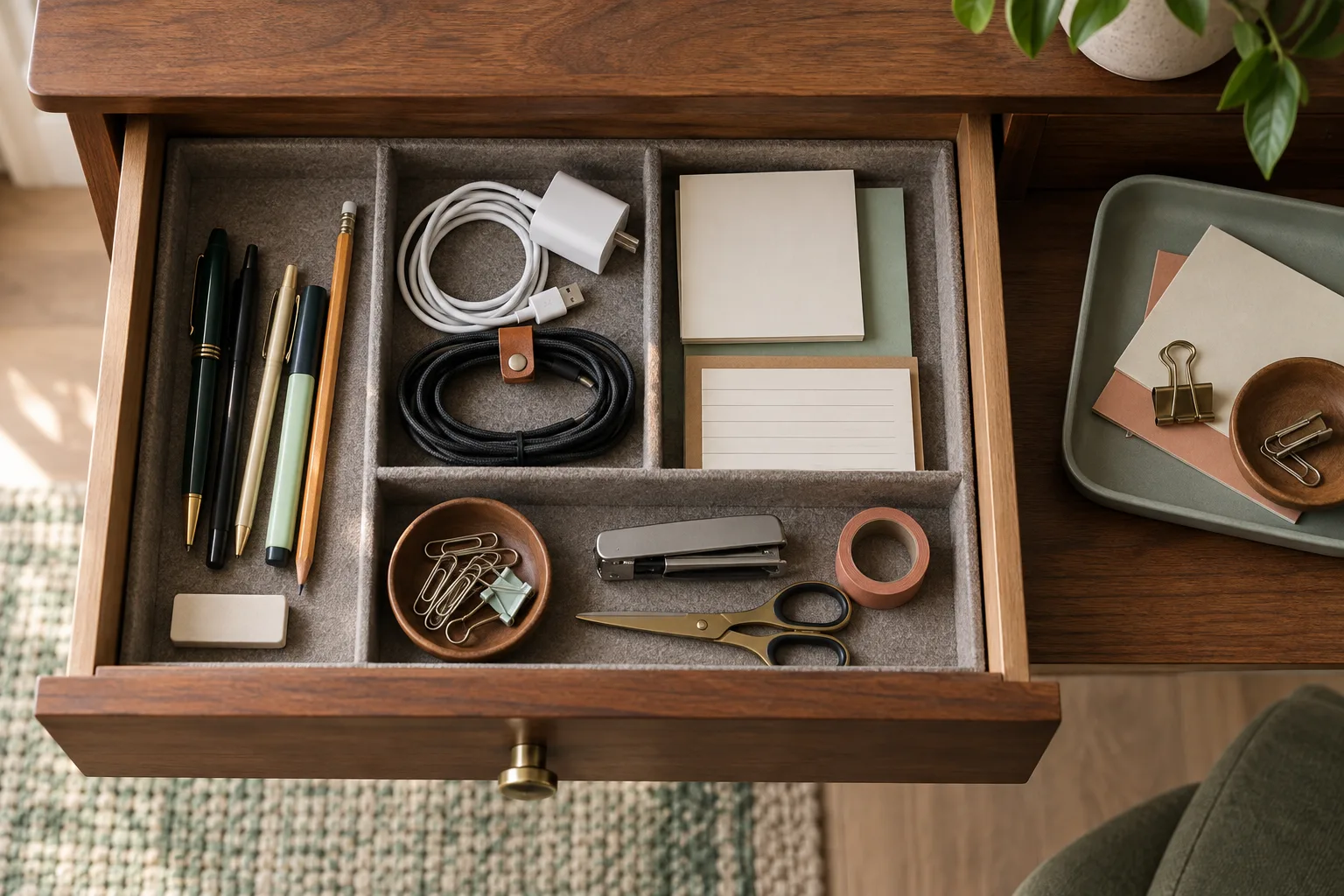 Desk drawer arranged front to back into daily tools, active supplies and backup storage zones