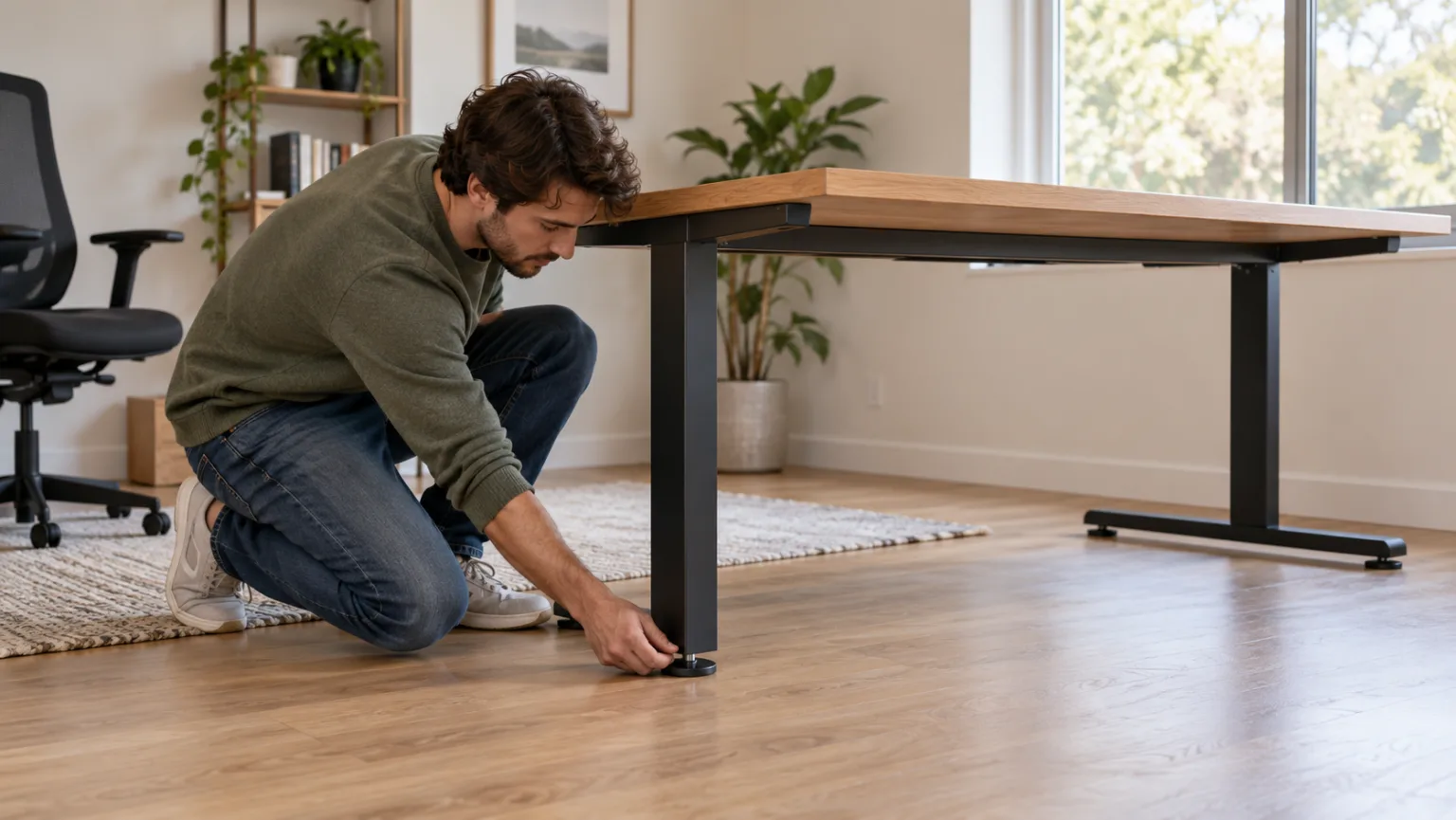 Person checking a desk foot and frame to find the cause of wobble