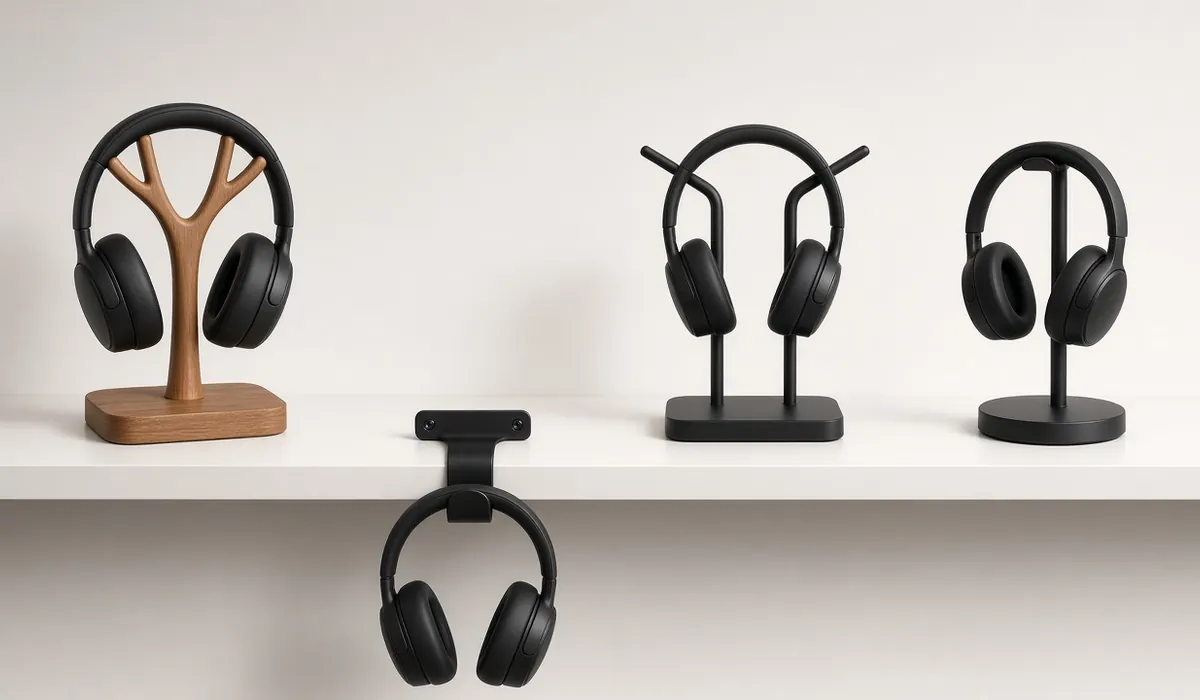 Several headphone stand styles displayed on a shelf with plain headphones