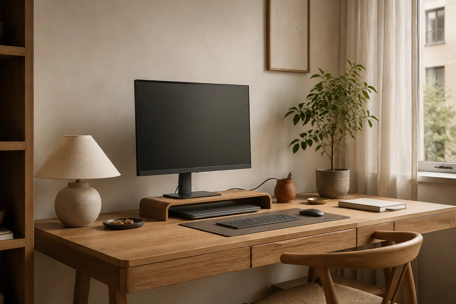 Sunlit home-office desk with a monitor, plant and notebook