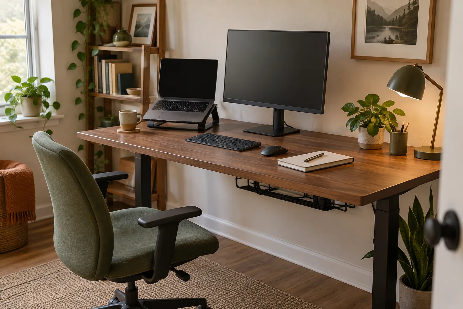 Example home office layout with a centered monitor, open desk surface and storage kept below the worktop