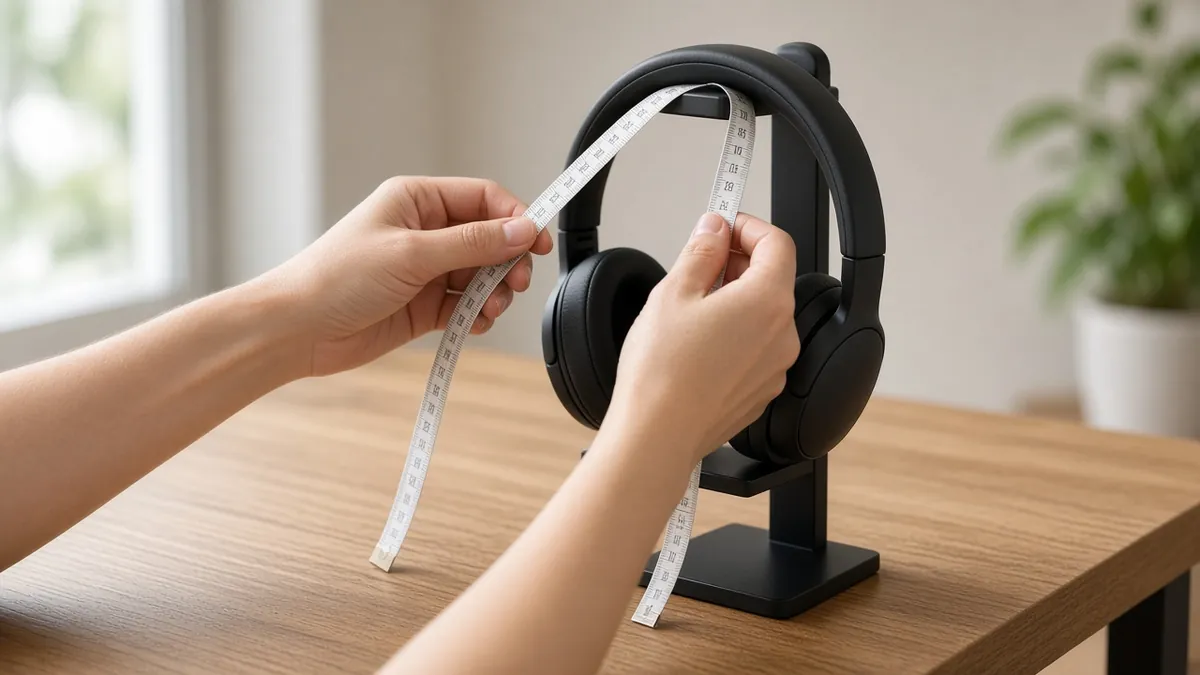 Hands measuring headphone headband width before choosing a desk stand
