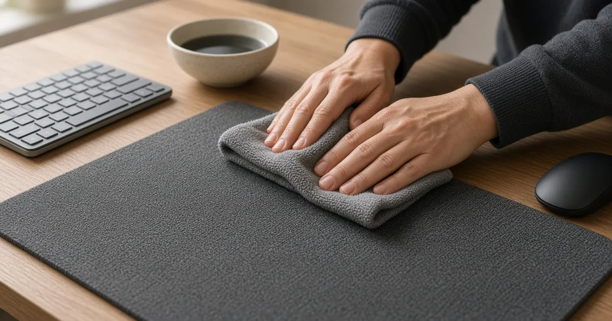Hands wiping a fabric desk mat with a soft cloth on a tidy wooden desk