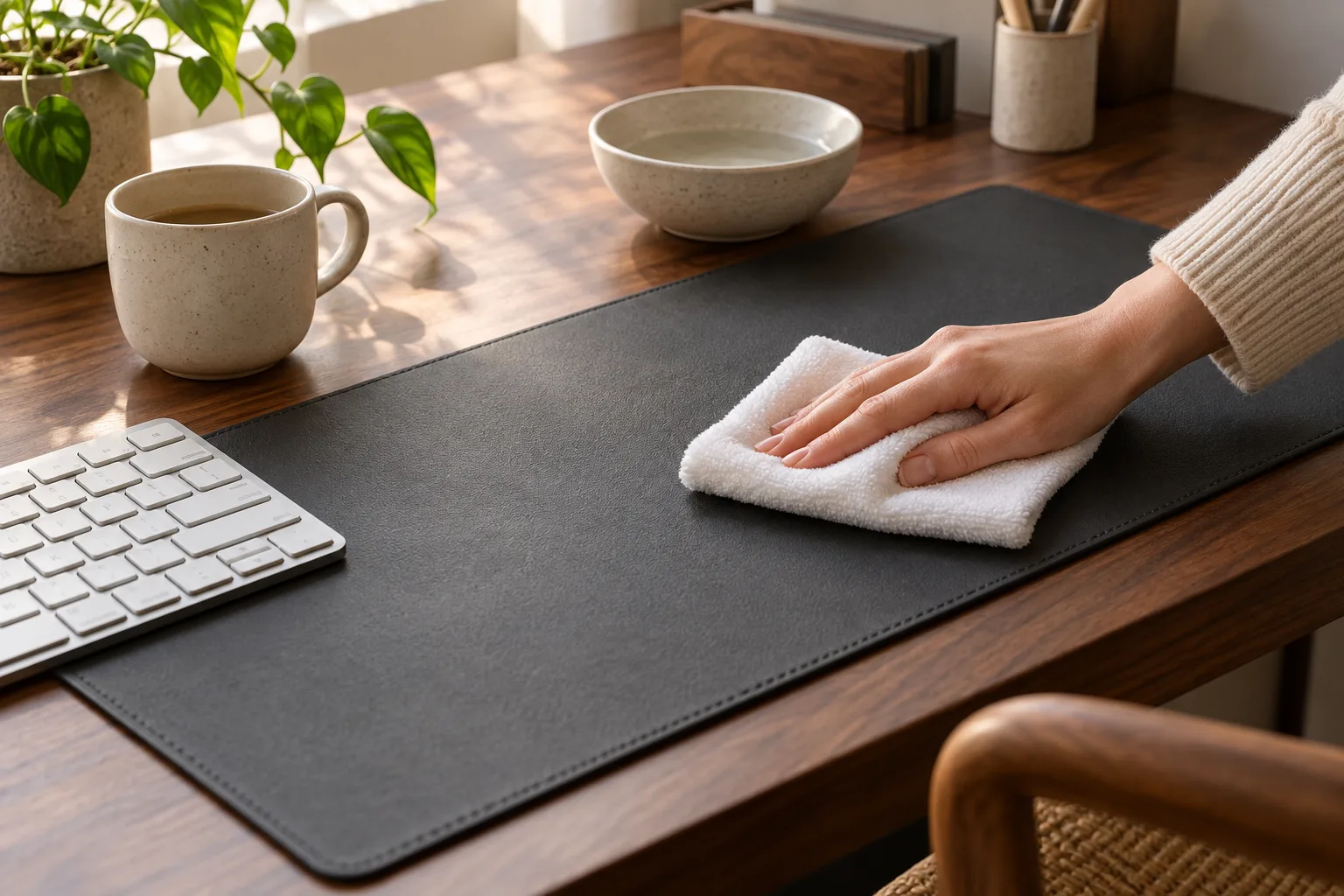 A soft white cloth cleaning a charcoal desk mat beside a keyboard on a walnut desk