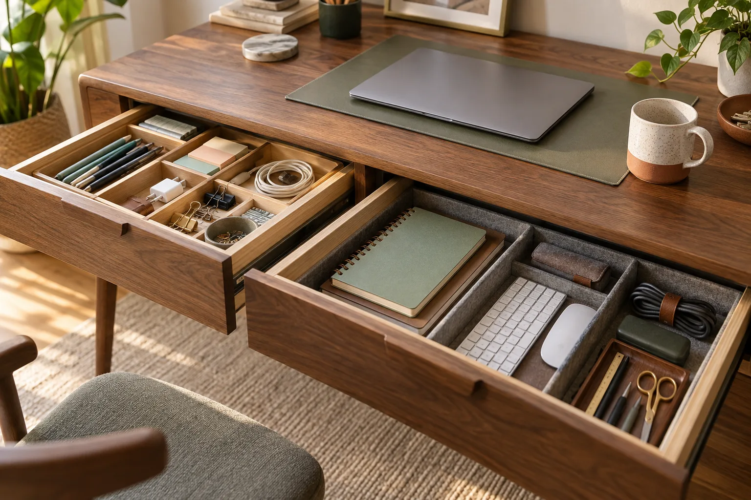 Open desk drawer divided into zones for stationery, cables and everyday work tools