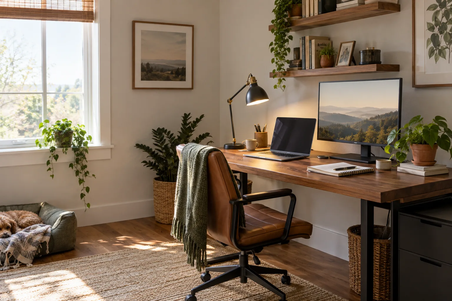 Home office with a desk, monitor, laptop, task light and organized cable route