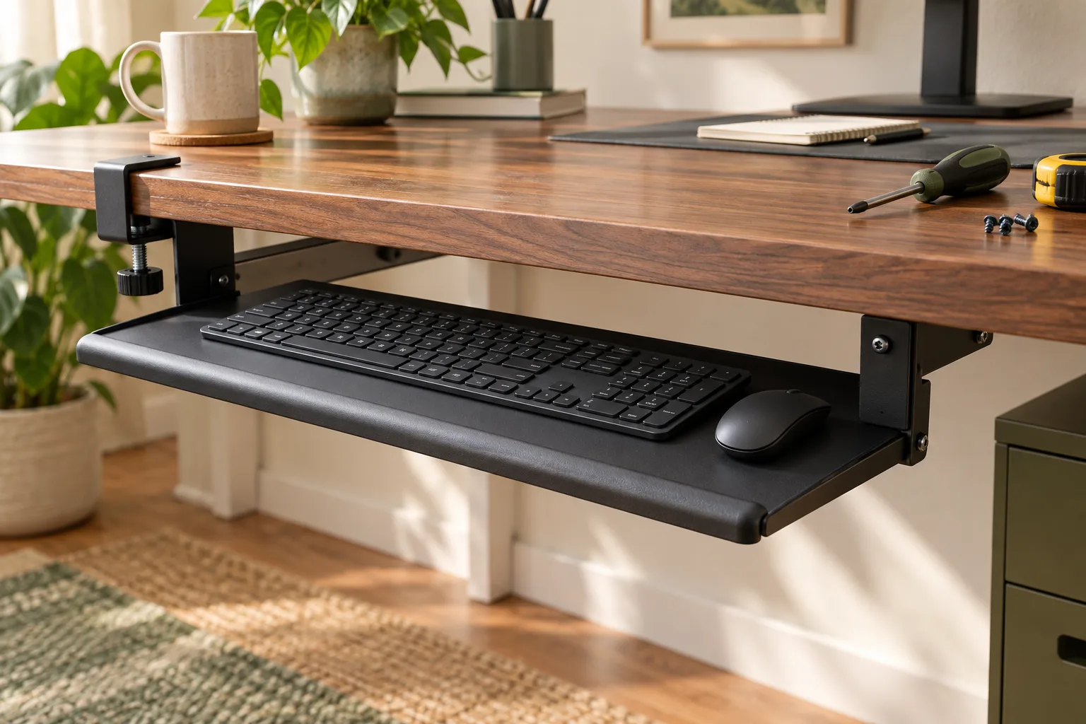 An under-desk keyboard tray with a clamp bracket and screw-mounted bracket beneath a walnut desktop