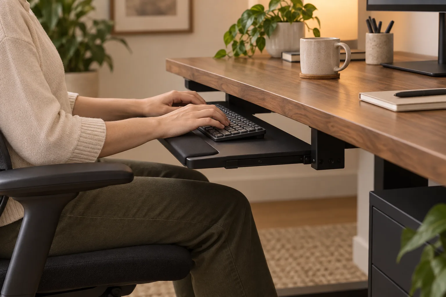 Keyboard and mouse on a slim under-desk tray with a seated worker at a walnut desk