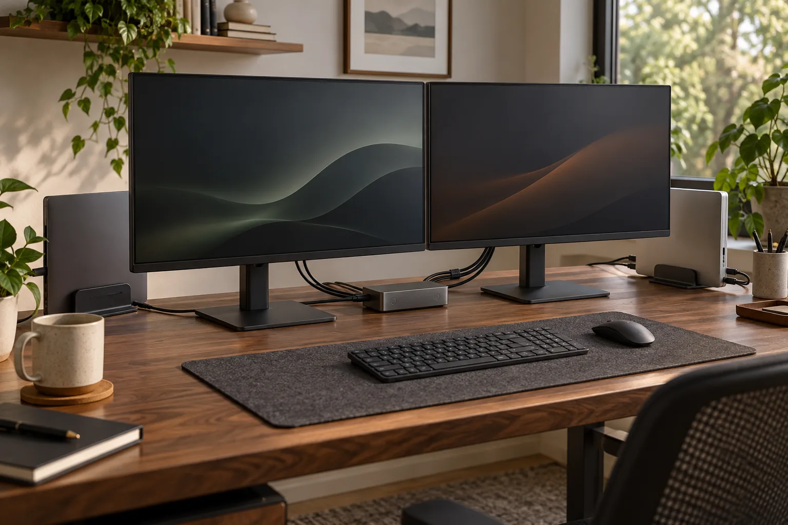 Two monitors and two computers connected to a compact KVM switch with a shared keyboard and mouse