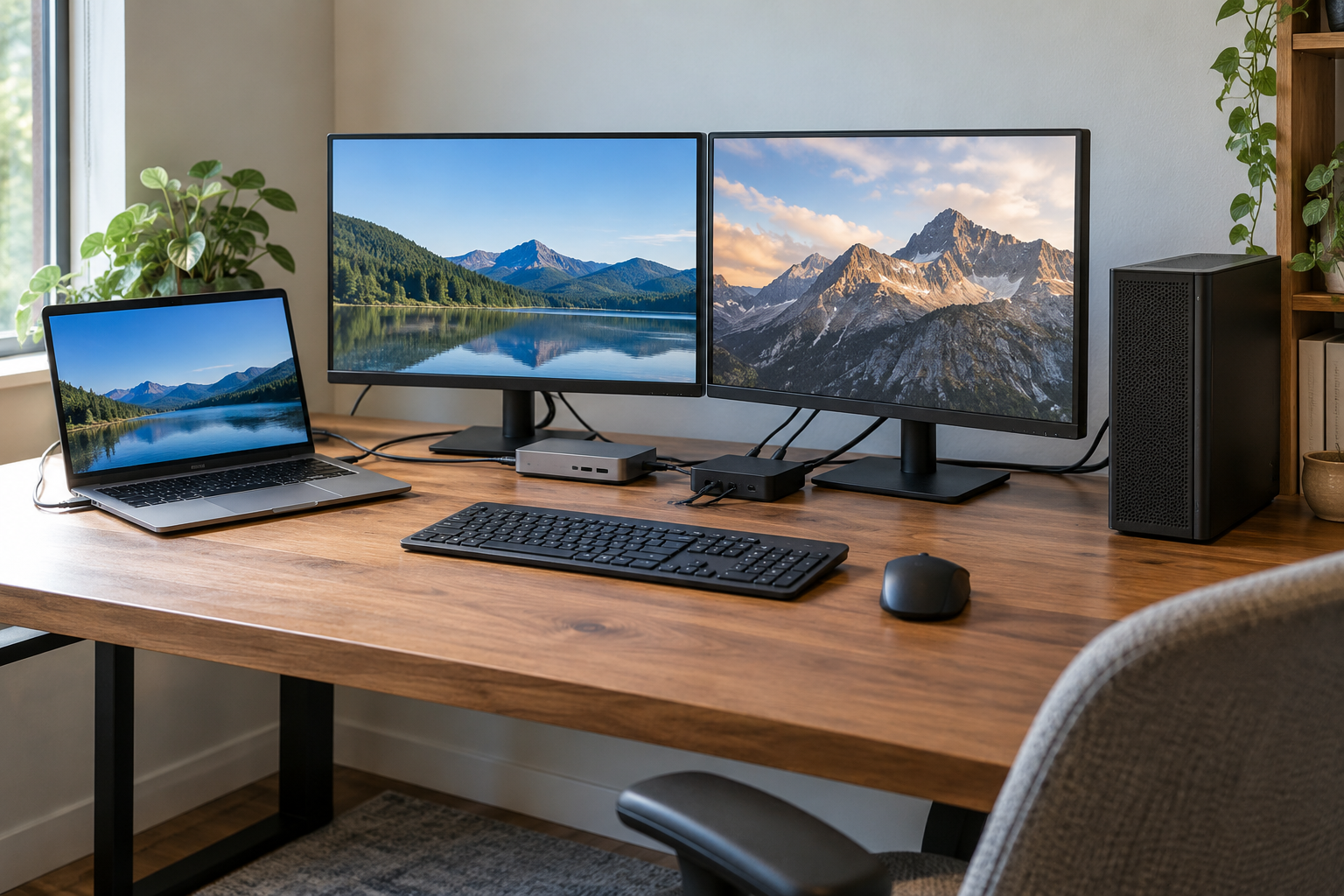 Laptop and desktop computer beside two monitors, a generic KVM switch, and a USB-C dock on a home-office desk