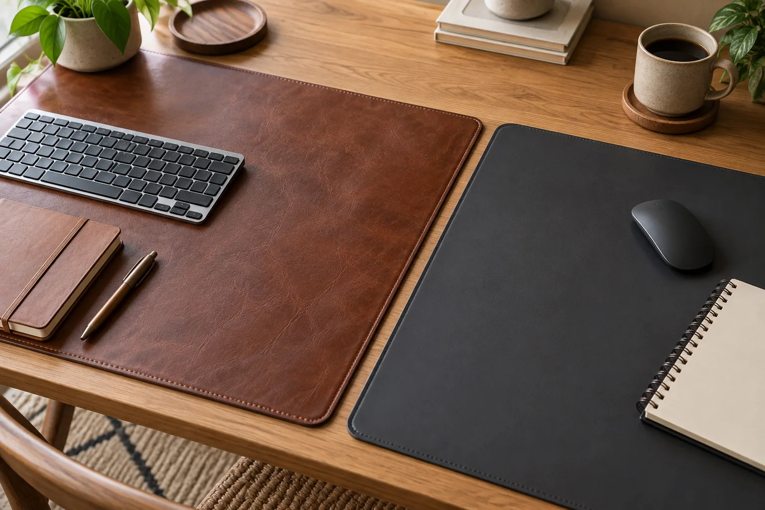Brown genuine leather desk mat beside a charcoal PU desk mat on a warm wooden desk
