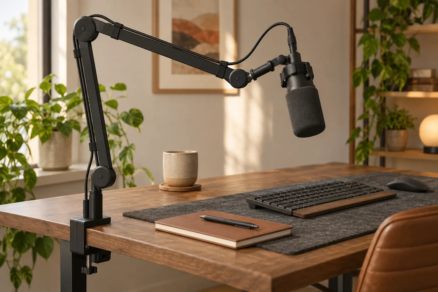 Unbranded microphone on a black boom arm clamped to a tidy wooden desk