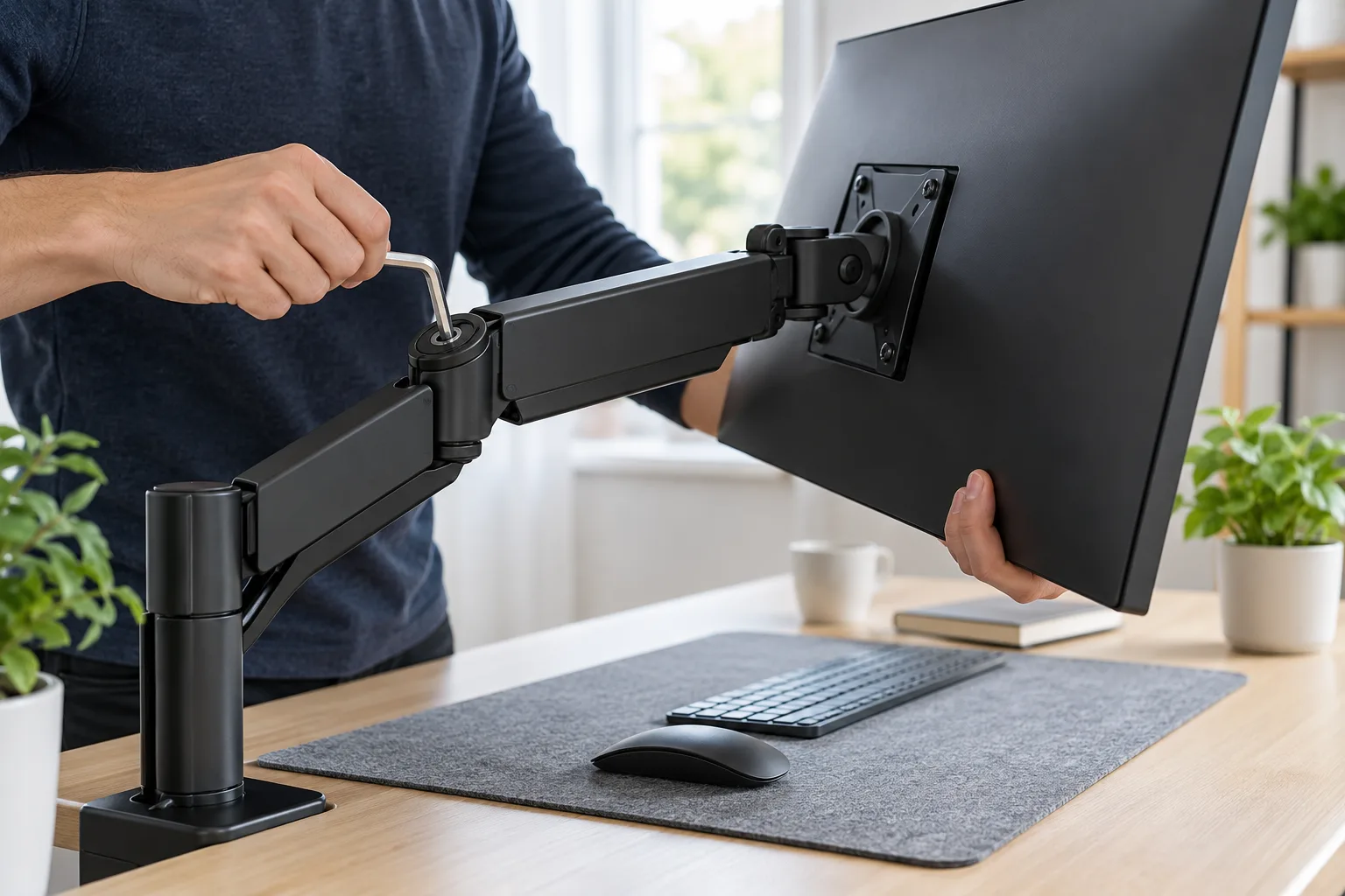 Monitor arm tension being adjusted while the display is supported