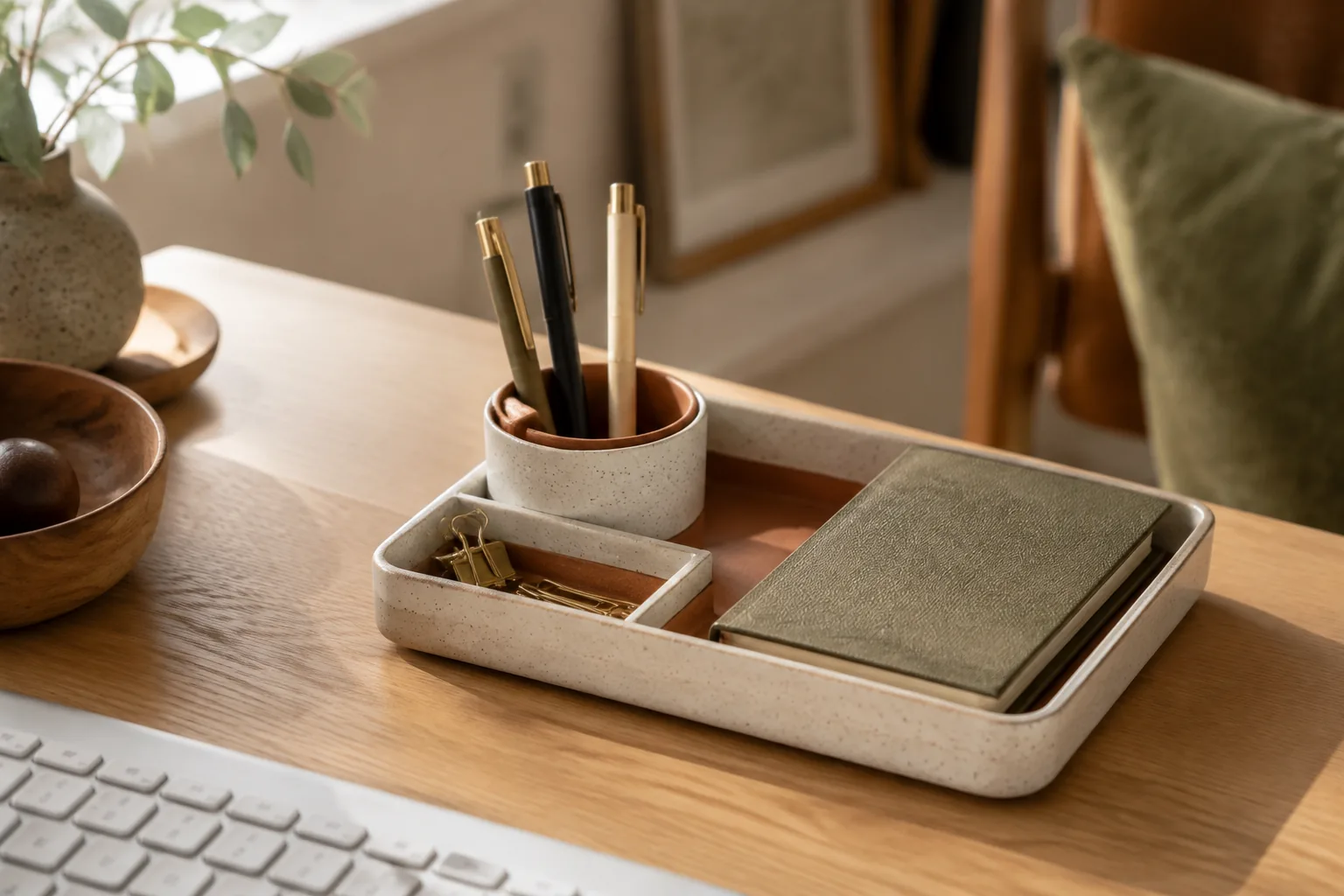 Minimal desk organizer tray with pens and a notebook beside a keyboard