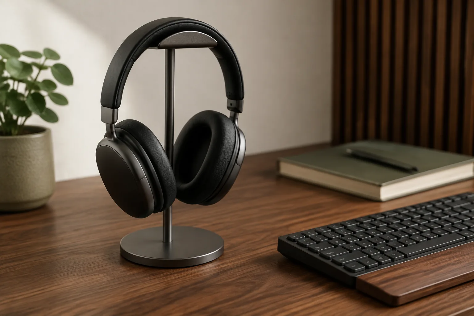 Over-ear headphones resting on a slim metal stand beside a monitor
