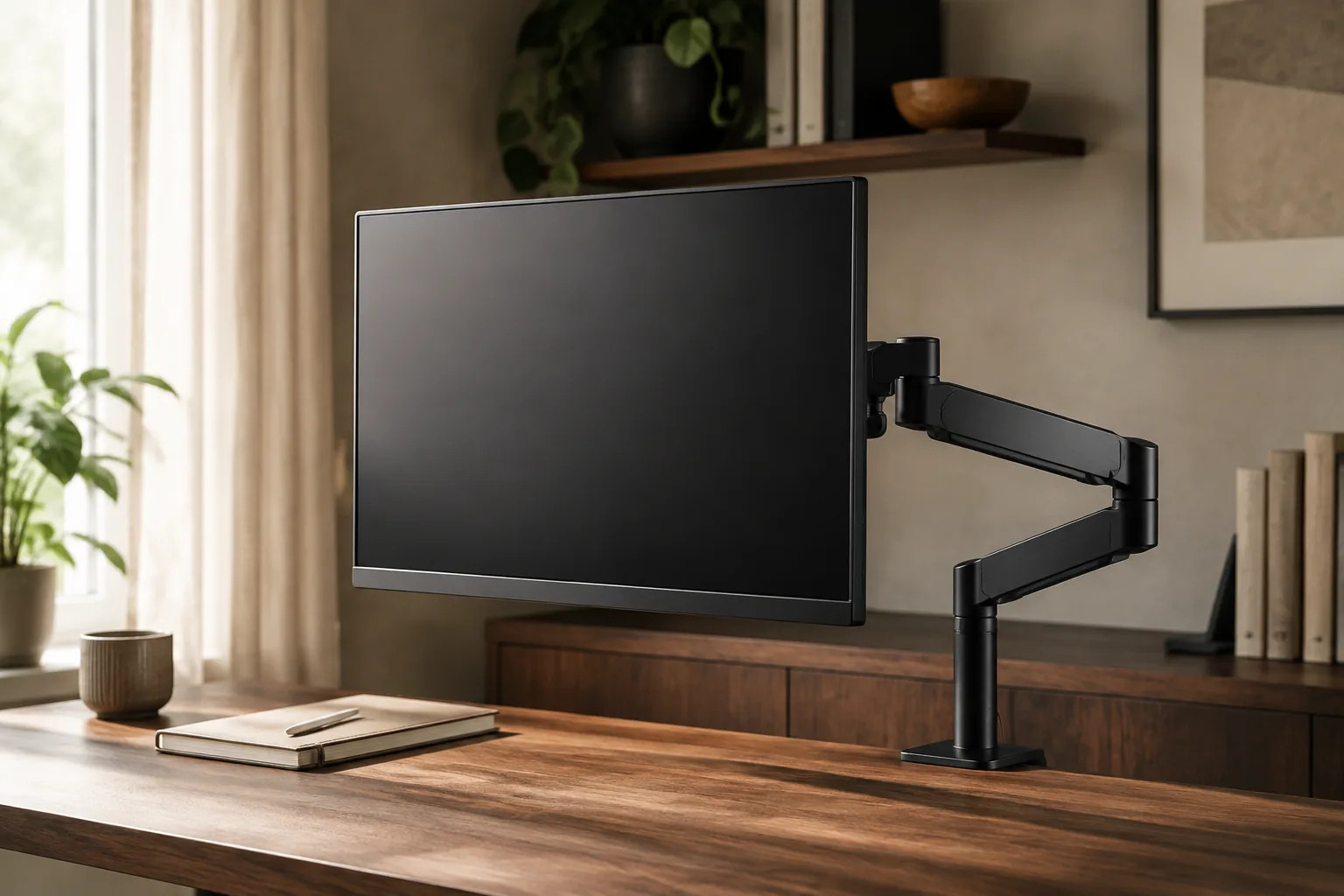 Single monitor mounted on an articulated arm above a clean desk