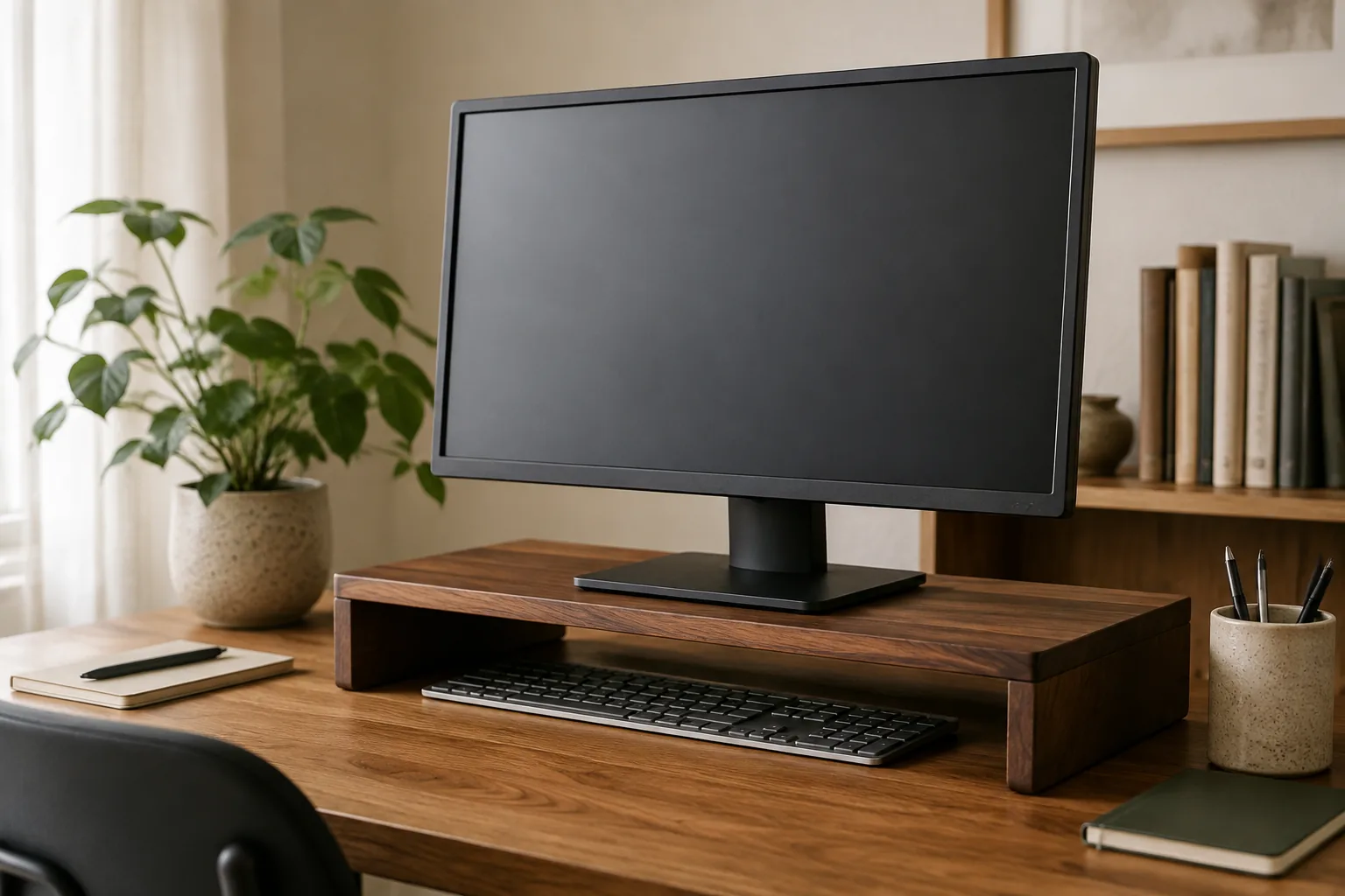 Monitor elevated on a simple wooden monitor stand with storage below