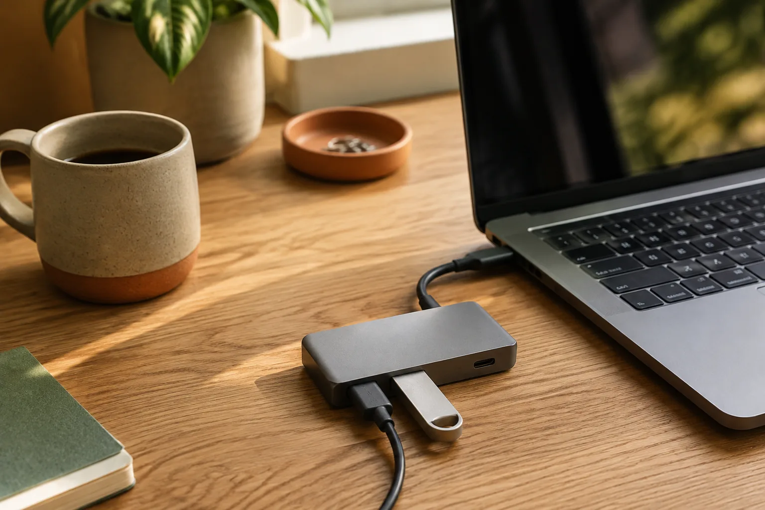 Compact USB-C hub connected to a laptop on a warm oak desk