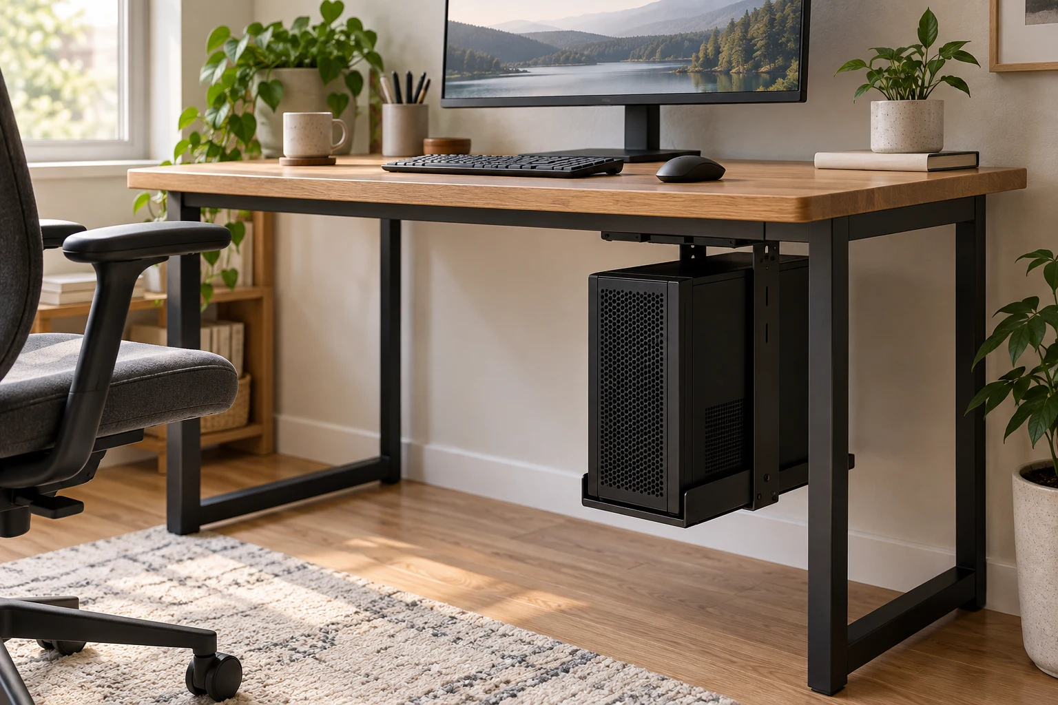 Compact desktop PC secured below a small home-office desk with ventilation space around the case