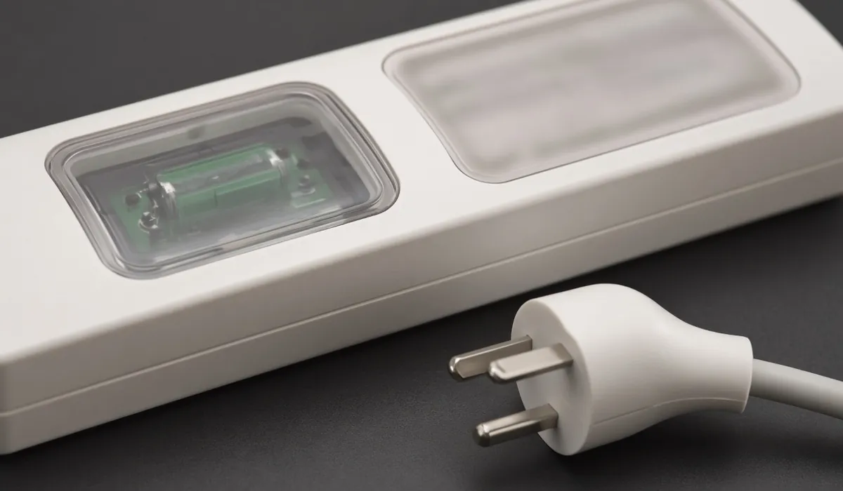 Close-up of a desk power strip and plug emphasizing safety build quality