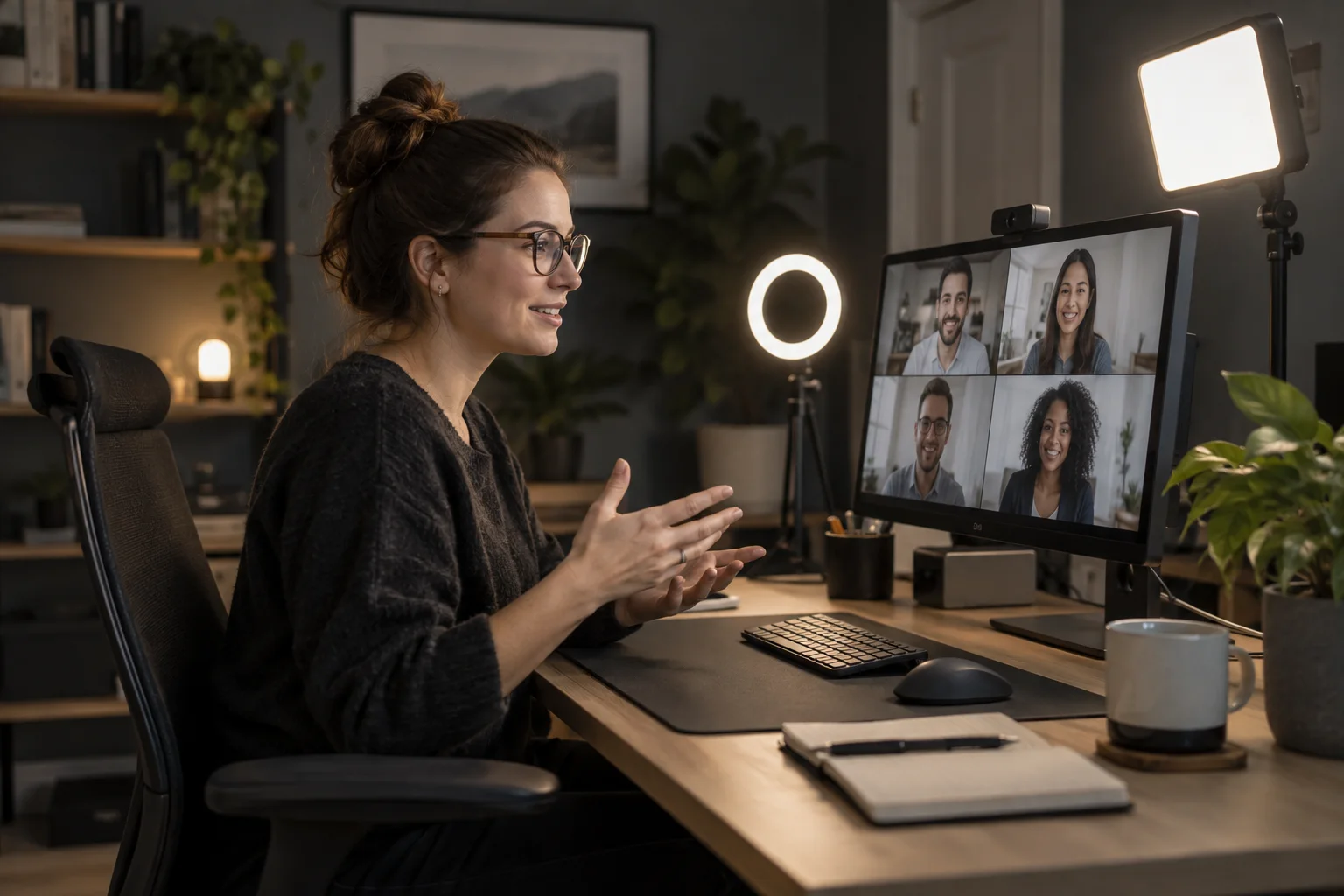 Remote worker checking a video call at a desk with a ring light beside the monitor